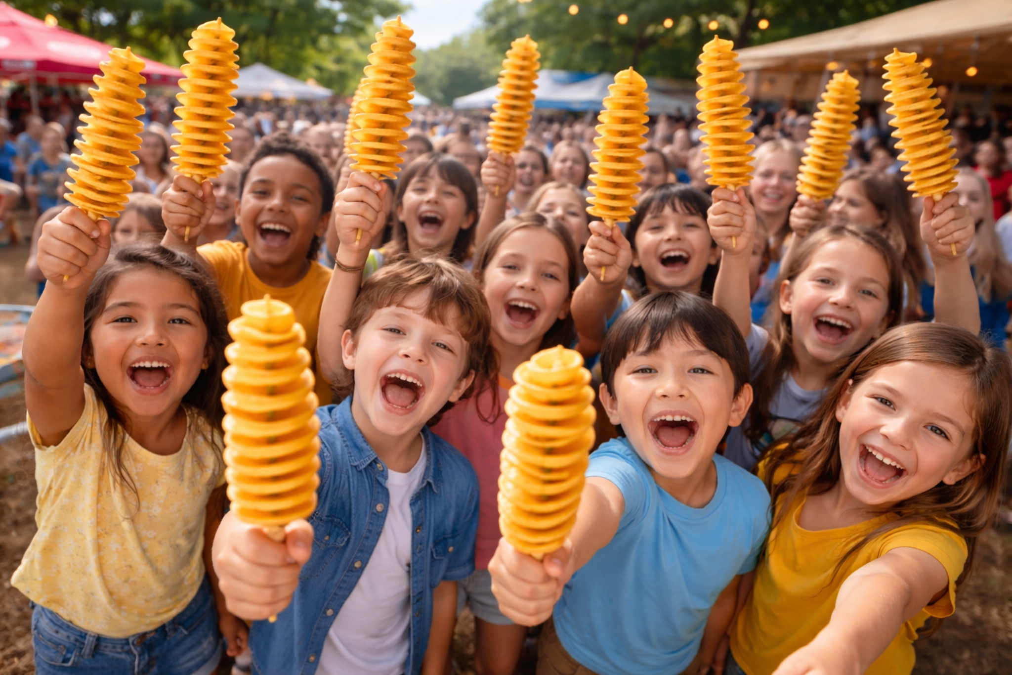 Happy kids holding Potato Sticks at an event